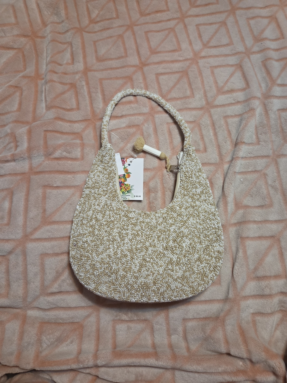 Beaded Sea Turtle Motif Shell Shoulder Bag - Green & Cream - Picture 2 of 3